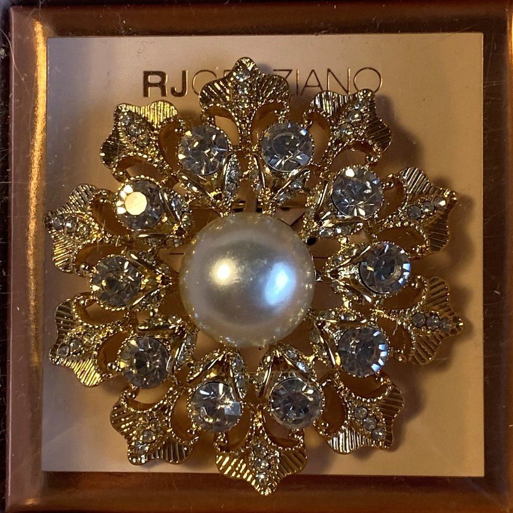 Vintage R.J Graziano Rhinestone & Pearl Brooch/Pin
